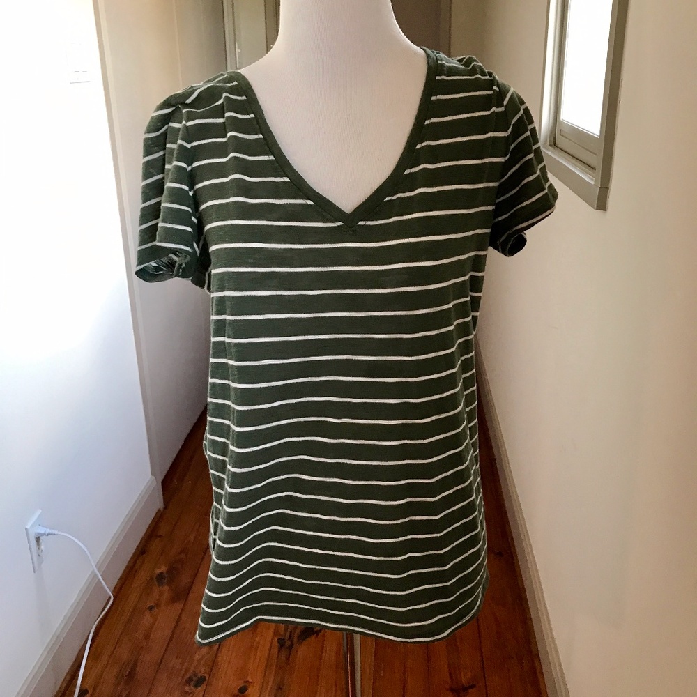 Athleta Olive Green White Striped V Neck Shirt